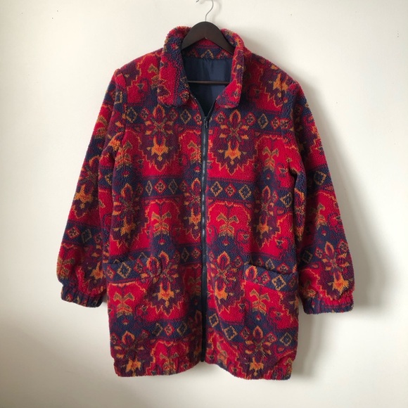 Vintage Irving Nadler fleece jacket - size 11/12 - red blue pattern lined coat - Picture 1 of 14